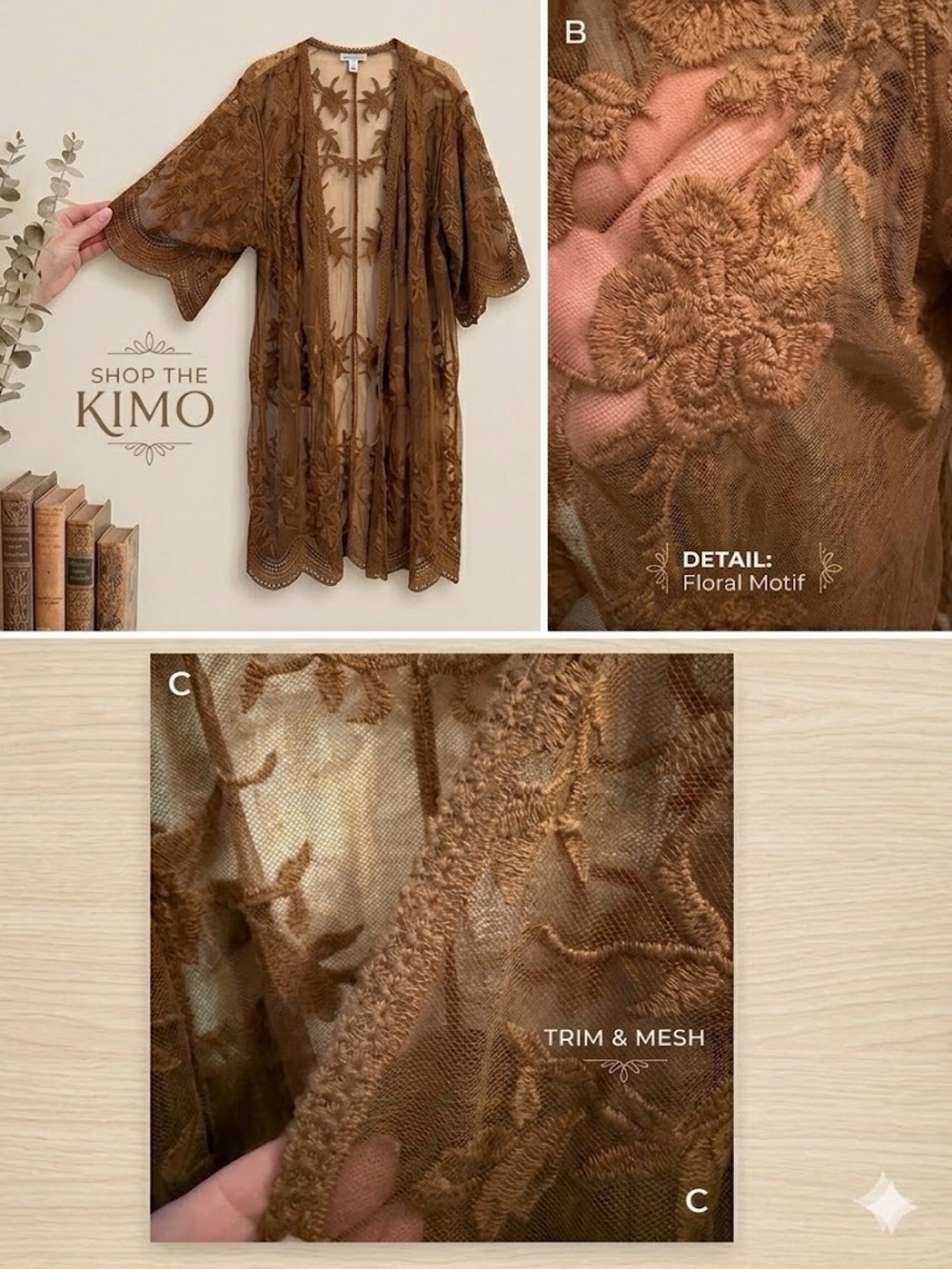 Boho Lace Mesh Duster Cardigan Brown Kimono Robe small medium